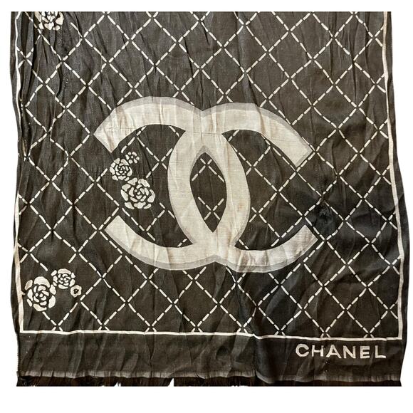 Chanel Cashmere Silk Scarf CC Logo Camila Flowers Black White 70x25 inches - Picture 7 of 16
